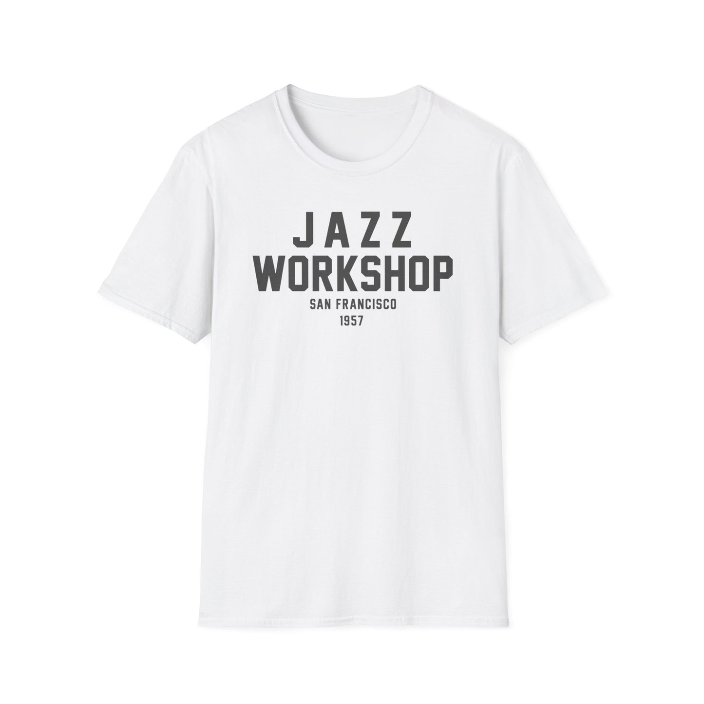 White t-shirt with "Jazz Workshop San Francisco 1957" printed in gray text.