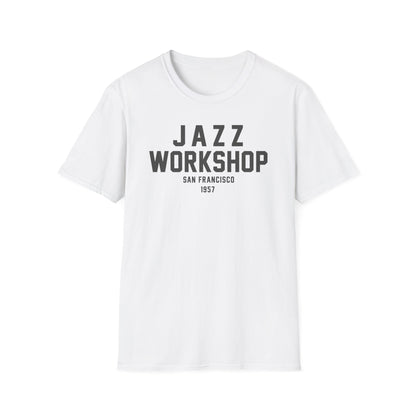 White t-shirt with "Jazz Workshop San Francisco 1957" printed in gray text.