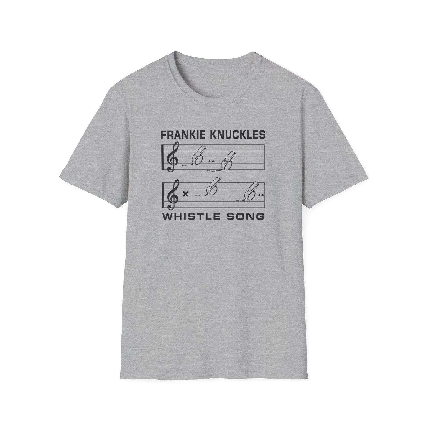 Grey t-shirt with "Whistle Song" and musical notes.