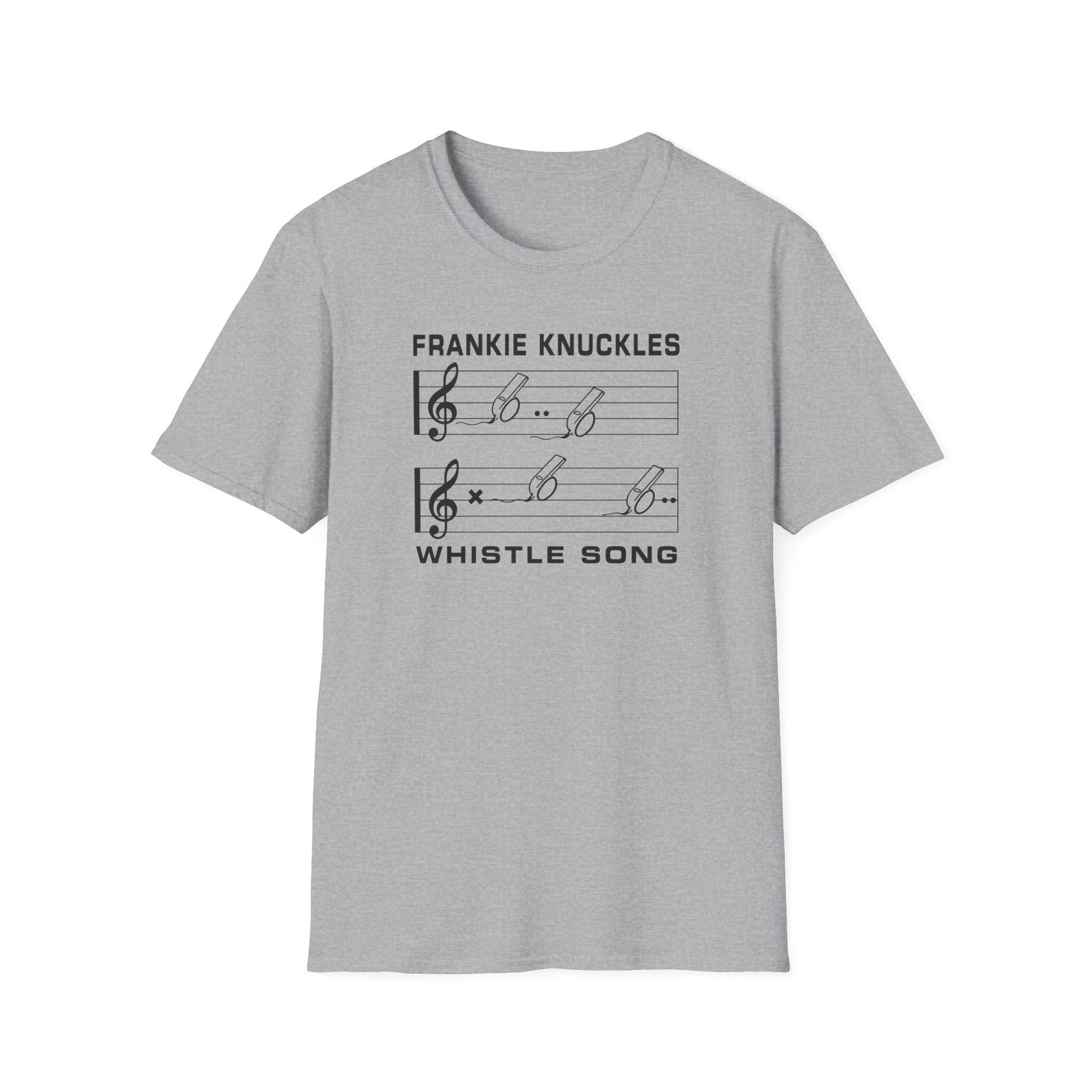 Grey t-shirt with "Whistle Song" and musical notes.