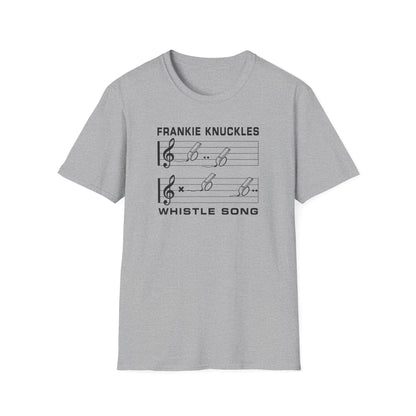 Grey t-shirt with "Whistle Song" and musical notes.