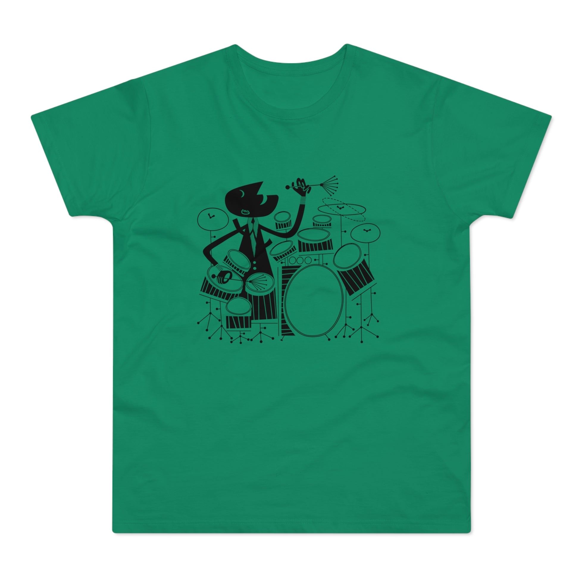 Black graphic of a figure playing drums on a green t-shirt.