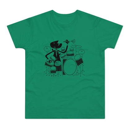 Black graphic of a figure playing drums on a green t-shirt.