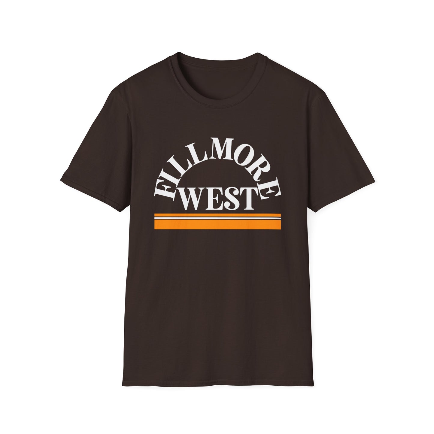 Brown t-shirt with white "Fillmore West" text over orange and white stripes.