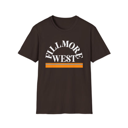 Brown t-shirt with white "Fillmore West" text over orange and white stripes.