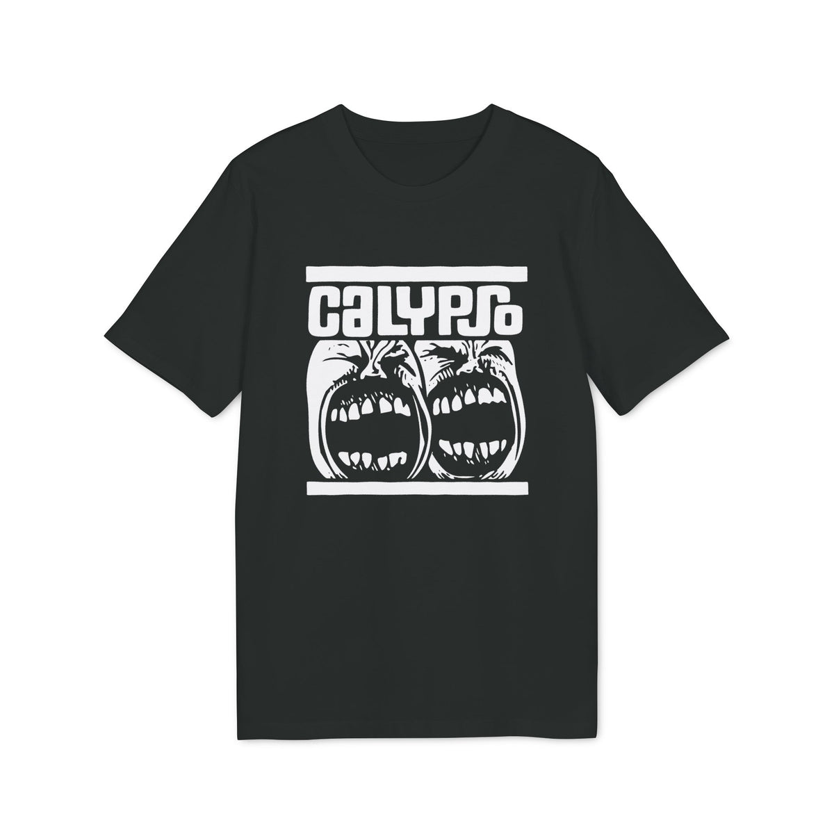 A black short-sleeved t-shirt featuring a white graphic print of screaming faces and the text Calypso.