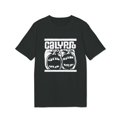 A black short-sleeved t-shirt featuring a white graphic print of screaming faces and the text Calypso.