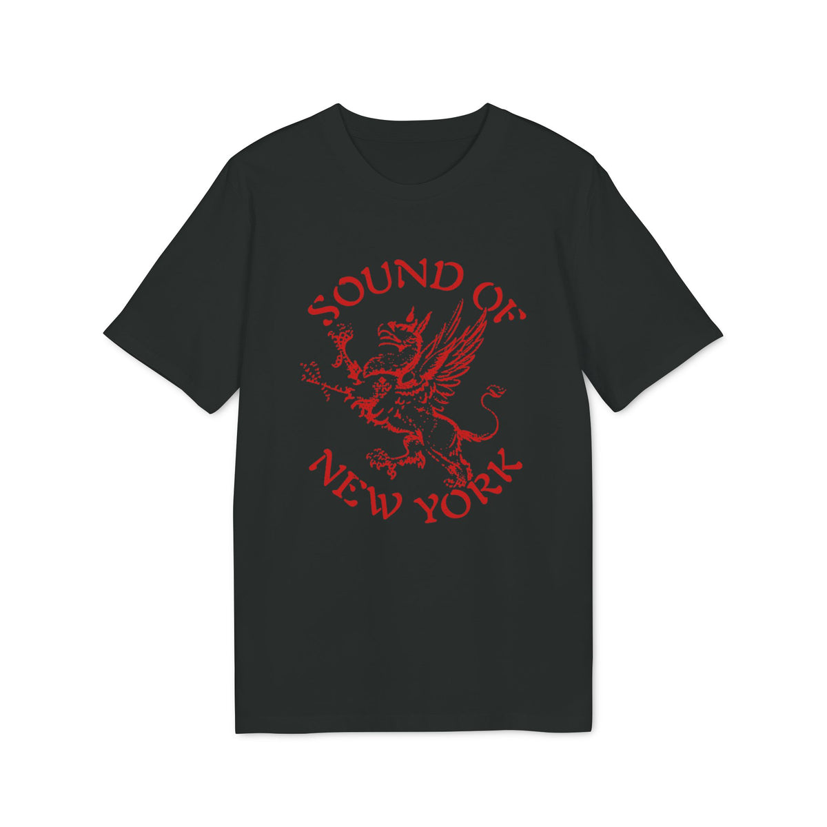 A black short-sleeved t-shirt features a red graphic of a griffin with the text Sound of New York surrounding it.