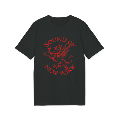 A black short-sleeved t-shirt features a red graphic of a griffin with the text Sound of New York surrounding it.