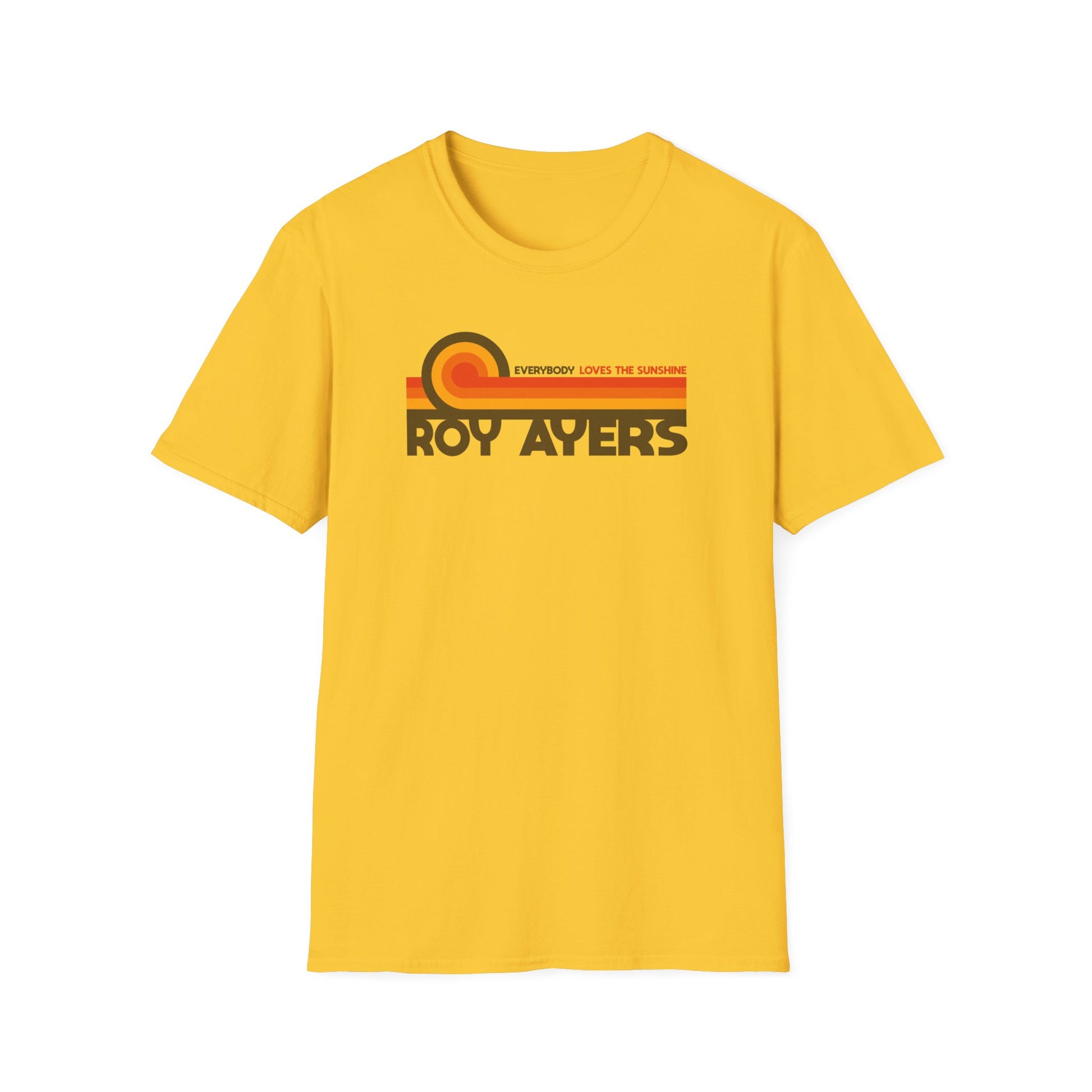 Yellow t-shirt with "ROY AYERS" and "EVERYBODY LOVES THE SUNSHINE" text.