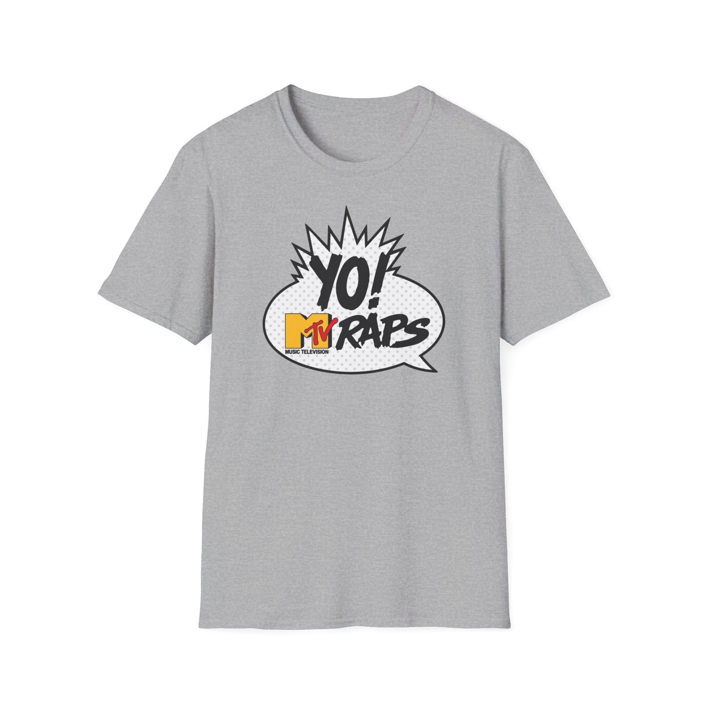 Grey t-shirt with a comic book style "YO! MTV RAPS" graphic.