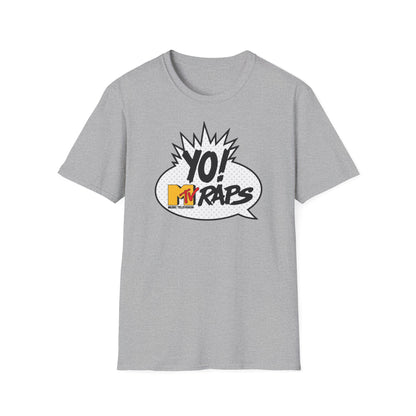 Grey t-shirt with a comic book style "YO! MTV RAPS" graphic.
