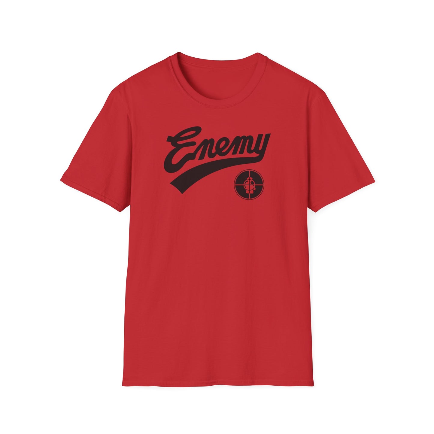 Red t-shirt with black "Enemy" text and target logo.