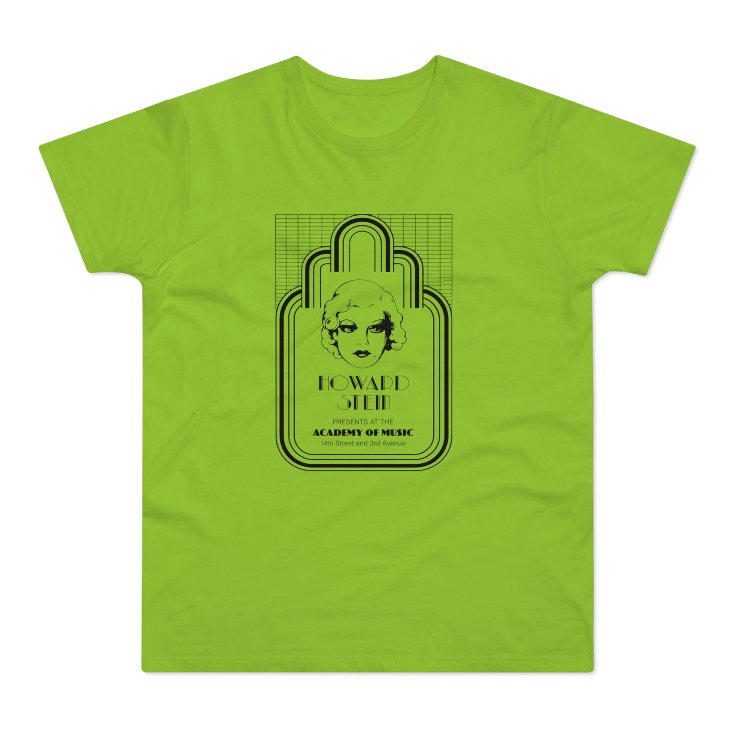Lime green t-shirt with black print of a woman's face above text.