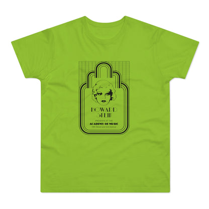 Lime green t-shirt with black print of a woman's face above text.
