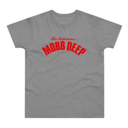 Grey t-shirt with red text "The Infamous... MOBB DEEP" arched across the chest.