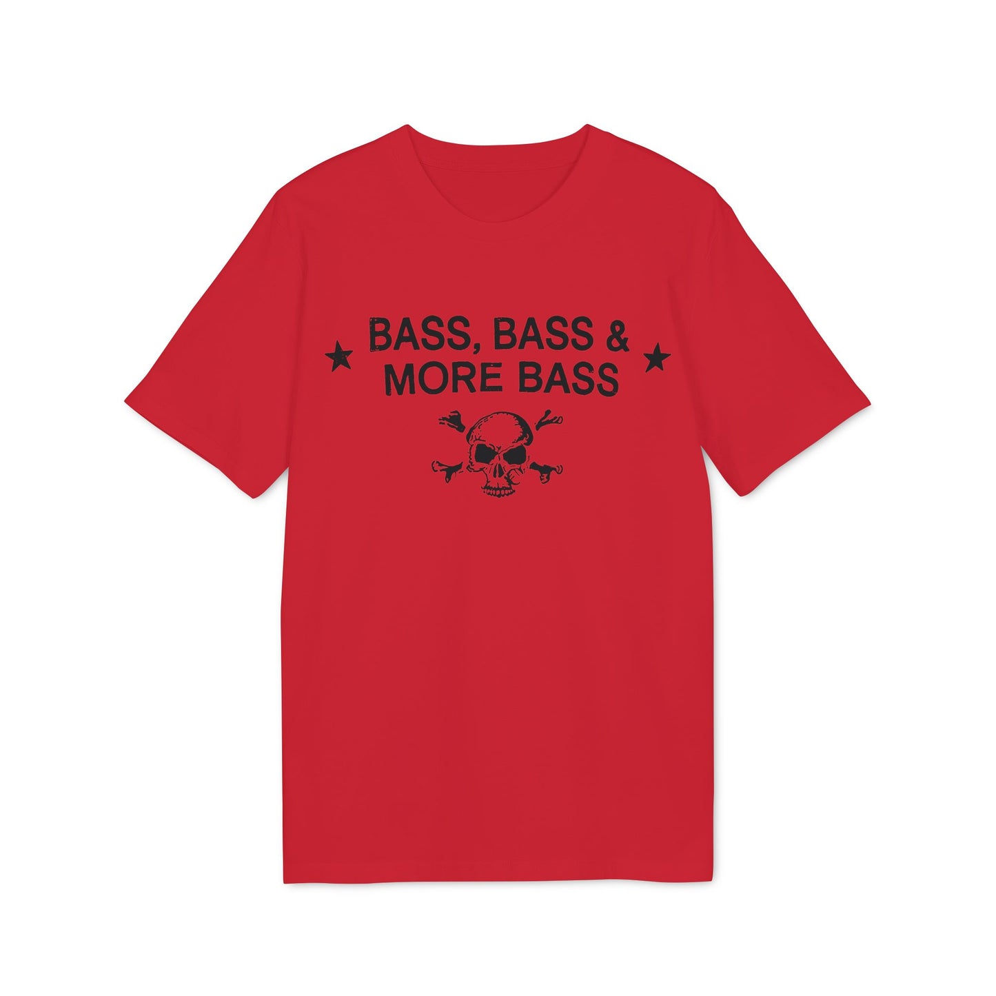 Red t-shirt with black text "BASS, BASS & MORE BASS" and skull graphic.