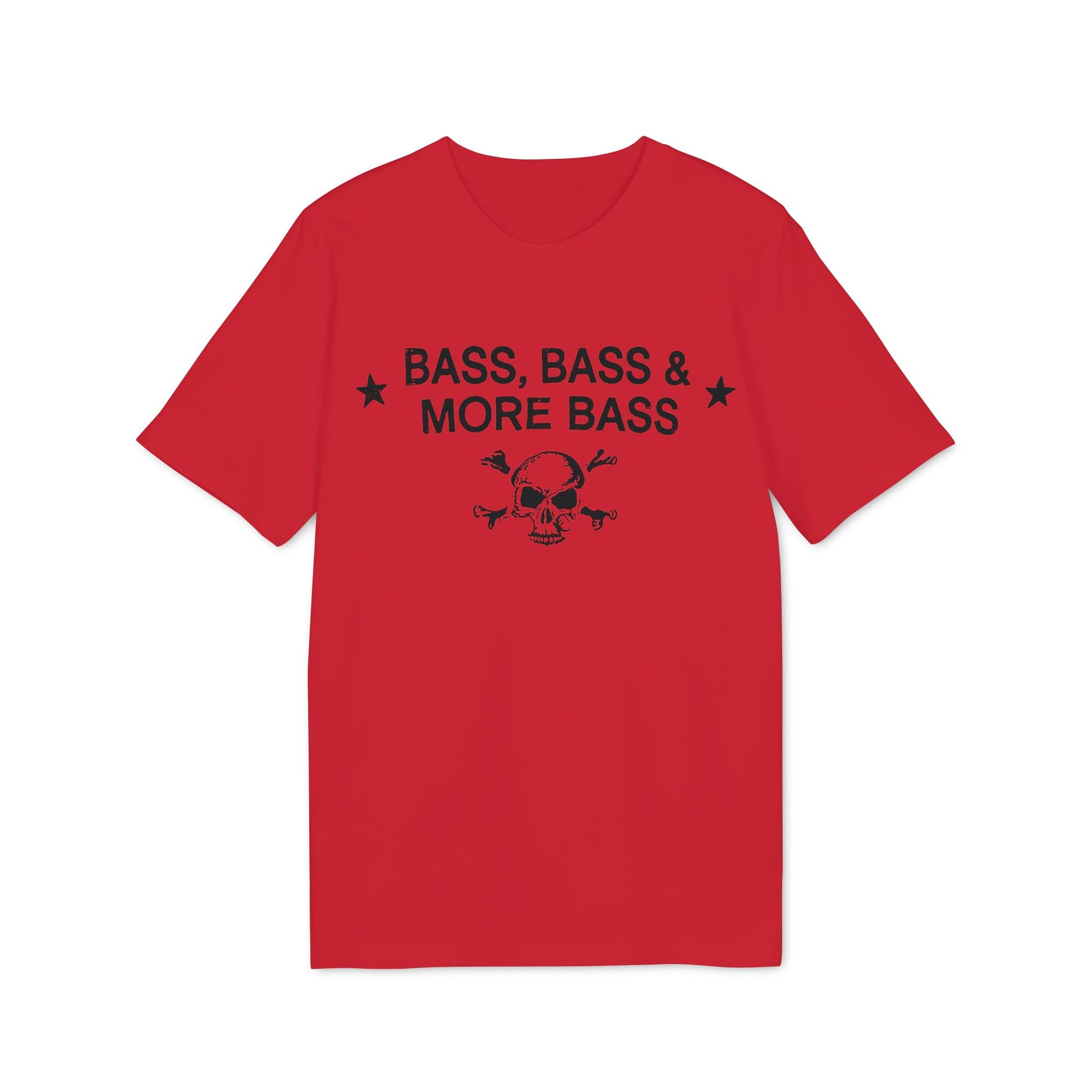 Red t-shirt with black text "BASS, BASS & MORE BASS" and skull graphic.