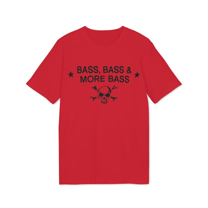 Red t-shirt with black text "BASS, BASS & MORE BASS" and skull graphic.