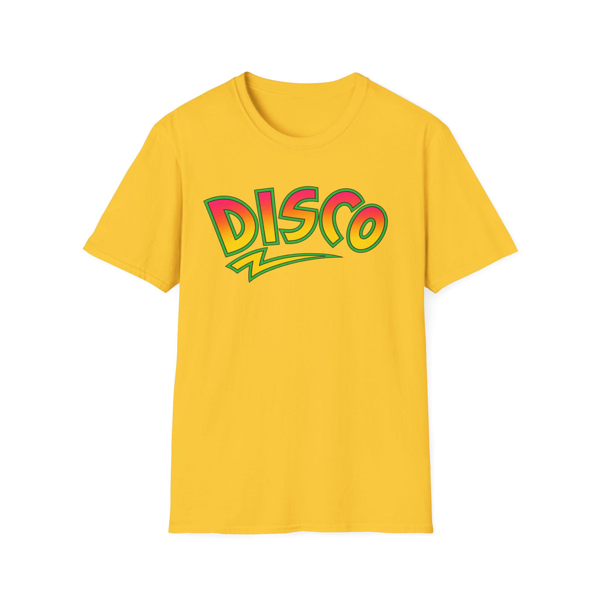 Yellow t-shirt with multicolor "Disco" graphic and lightning bolt accent.
