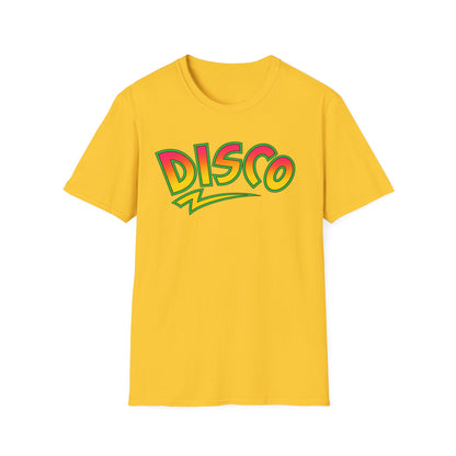 Yellow t-shirt with multicolor "Disco" graphic and lightning bolt accent.