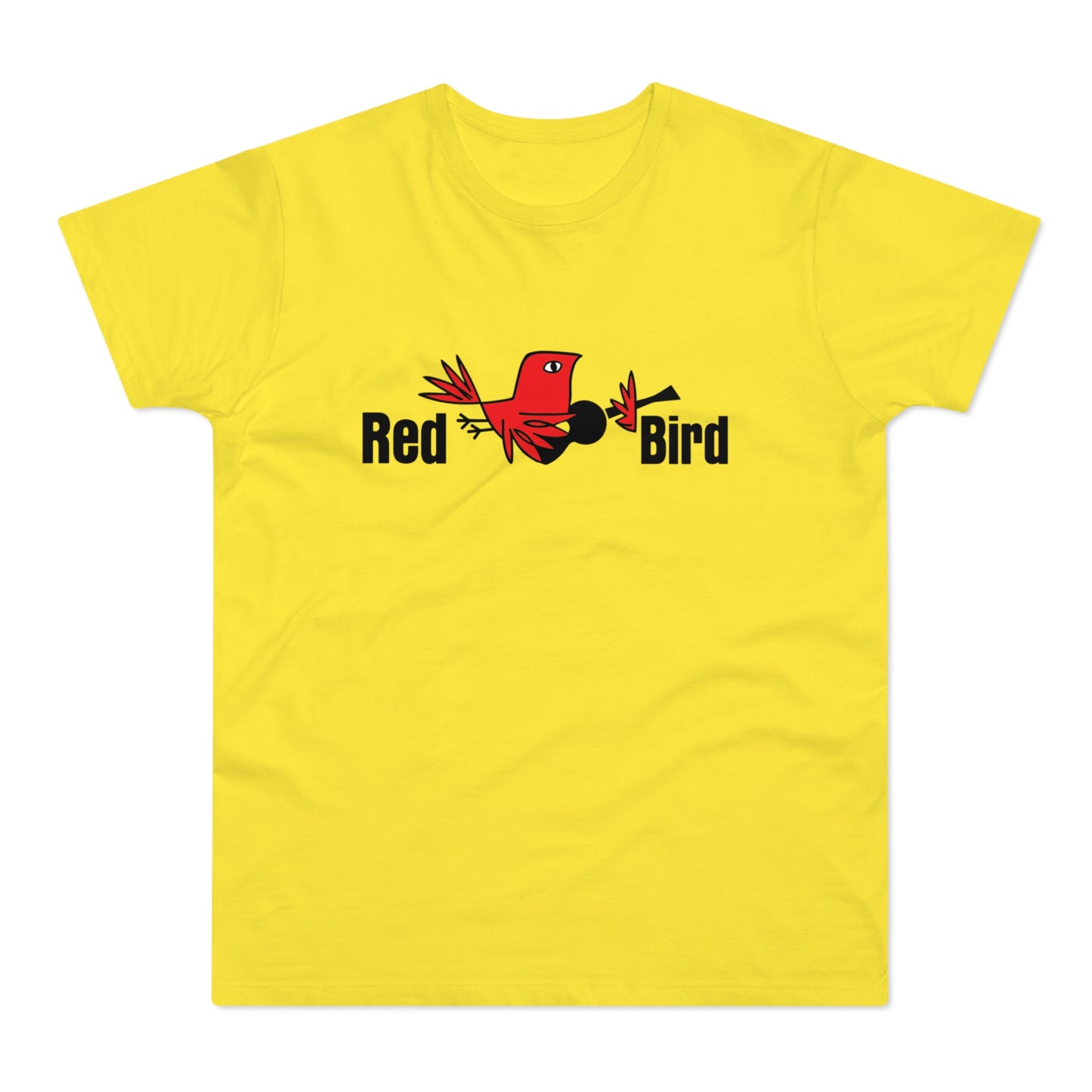 Yellow t-shirt with red bird, black guitar, and "Red Bird" text.