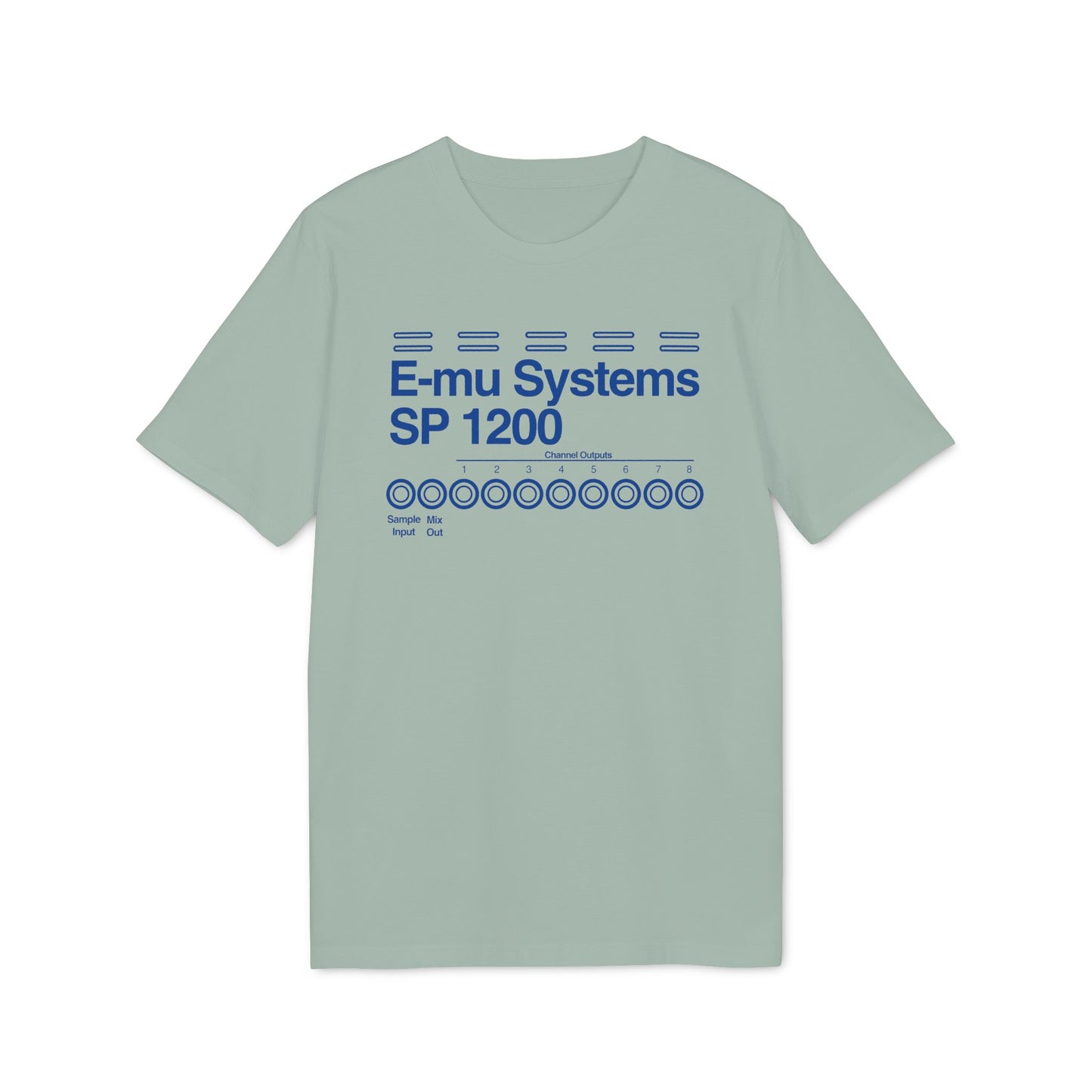 T-shirt with blue E-mu Systems SP 1200 text and circular input/output graphics.