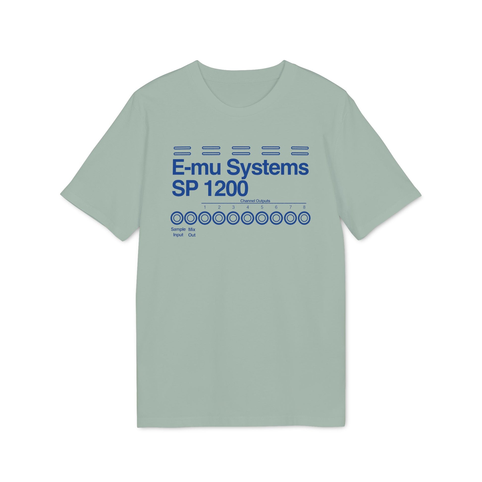 T-shirt with blue E-mu Systems SP 1200 text and circular input/output graphics.