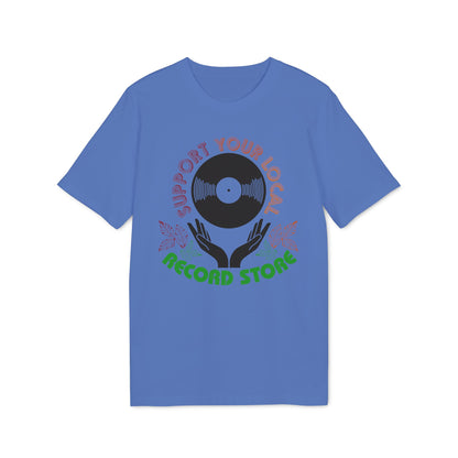 Blue t-shirt with "Support Your Local Record Store" text and vinyl record graphic.