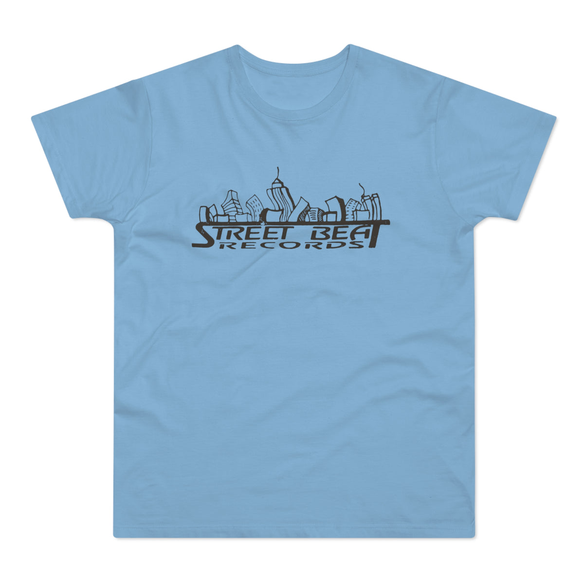 Light blue short-sleeved t-shirt featuring a black graphic of a city skyline with text that reads Street Beat Records.