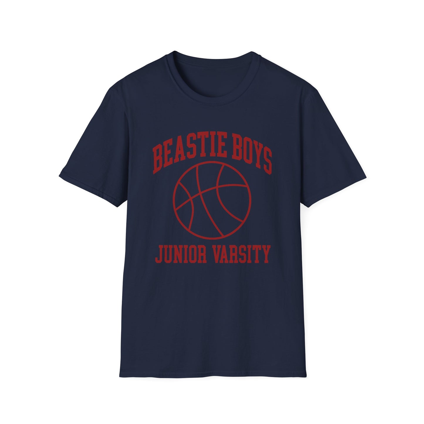 Navy t-shirt with red "Junior Varsity" text and basketball graphic.