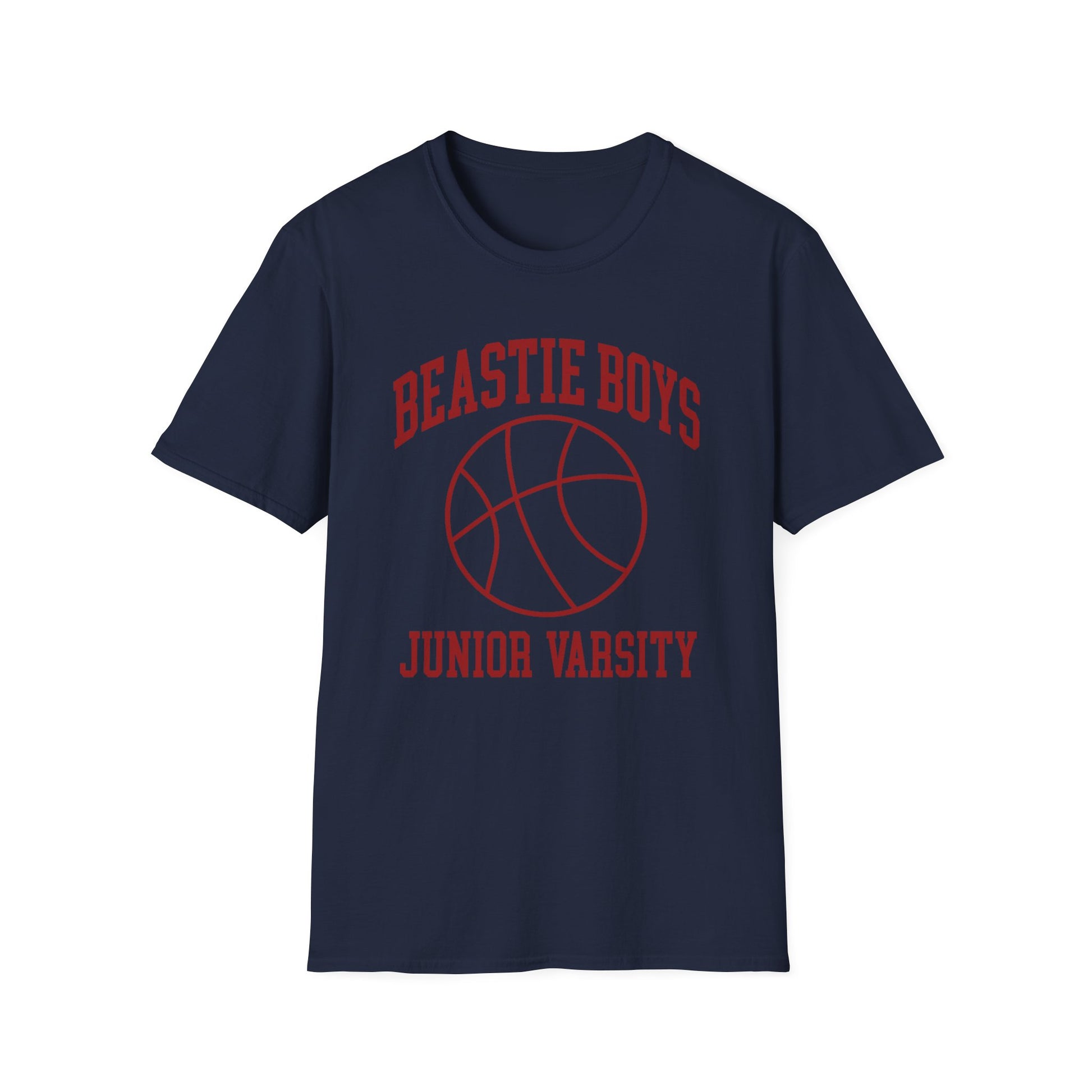 Navy t-shirt with red "Junior Varsity" text and basketball graphic.