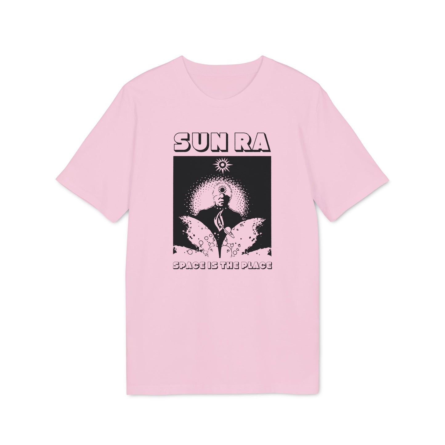 Pink t-shirt with black Sun Ra graphic and "SPACE IS THE PLACE" text.
