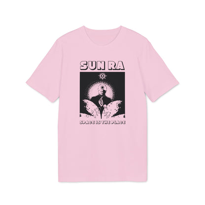 Pink t-shirt with black Sun Ra graphic and "SPACE IS THE PLACE" text.