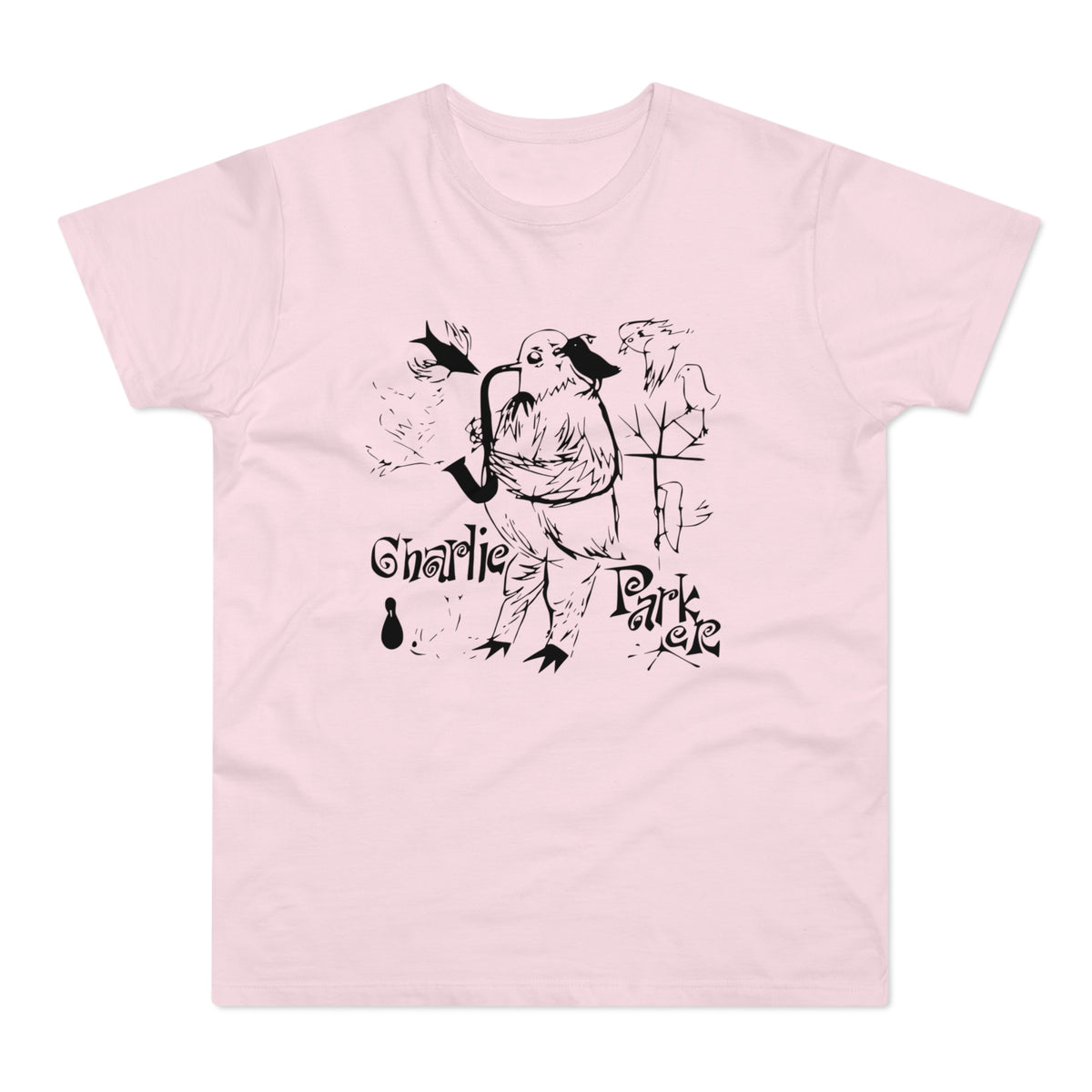 Pink t-shirt with a black ink drawing of a bird playing a saxophone.