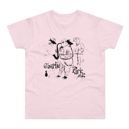 Pink t-shirt with a black ink drawing of a bird playing a saxophone.