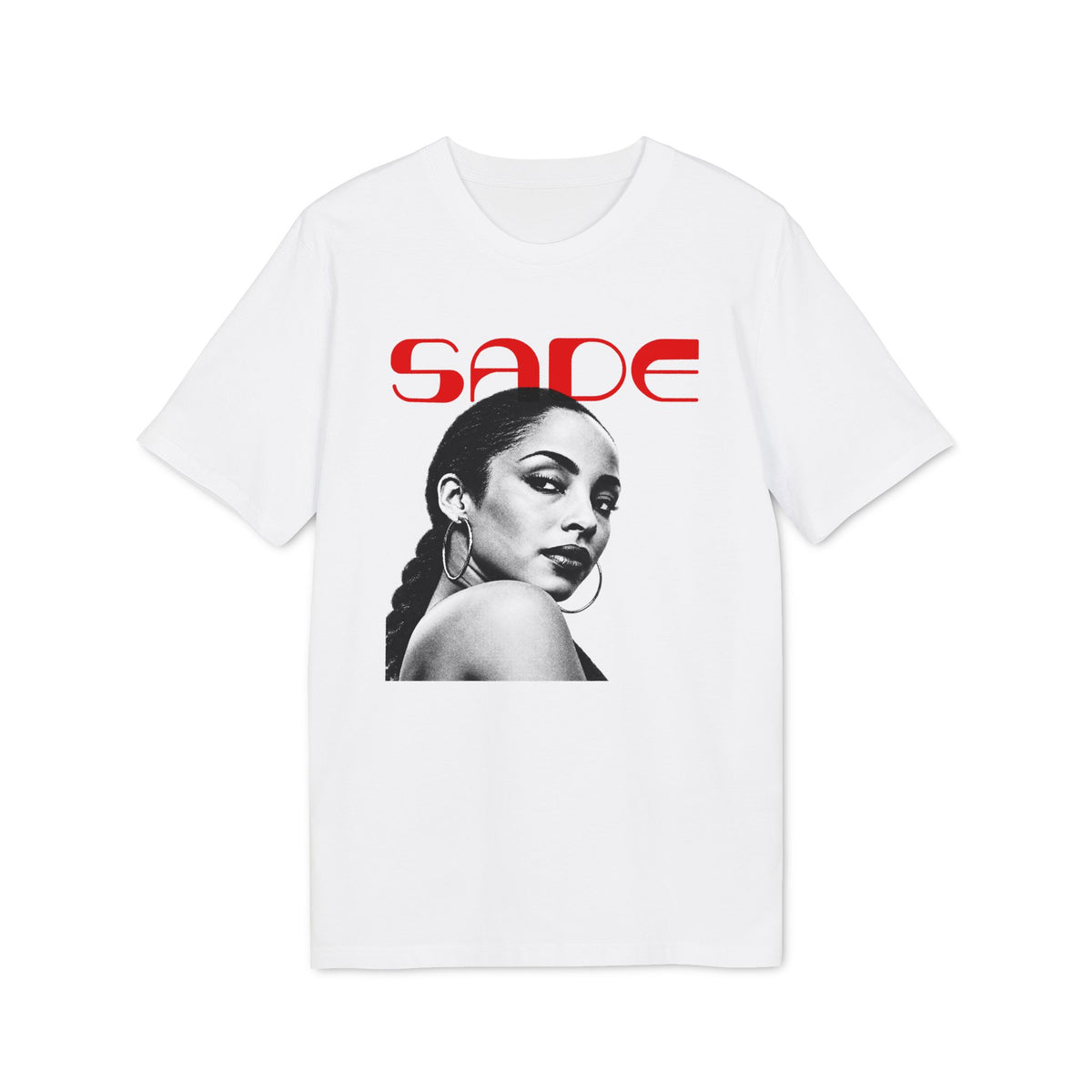 A white crewneck t-shirt featuring a black-and-white graphic of Sade with red text above it.