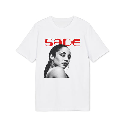 A white crewneck t-shirt featuring a black-and-white graphic of Sade with red text above it.