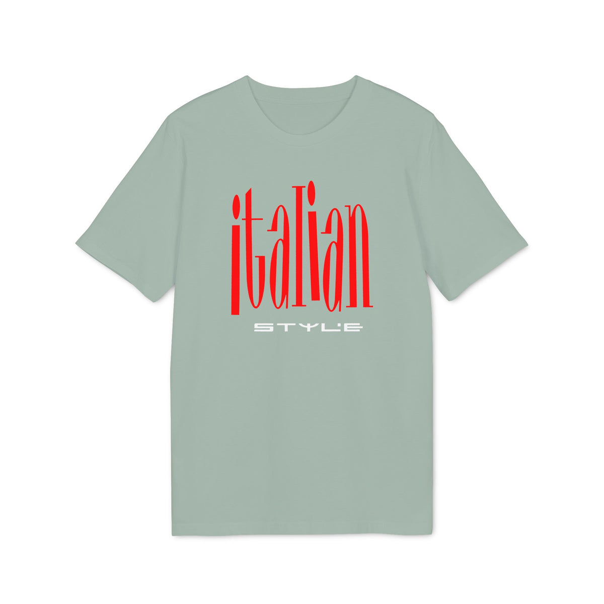 Sage green crewneck short-sleeve t-shirt with red and white Italian Style graphic on chest.