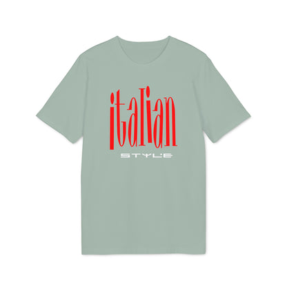 Sage green crewneck short-sleeve t-shirt with red and white Italian Style graphic on chest.