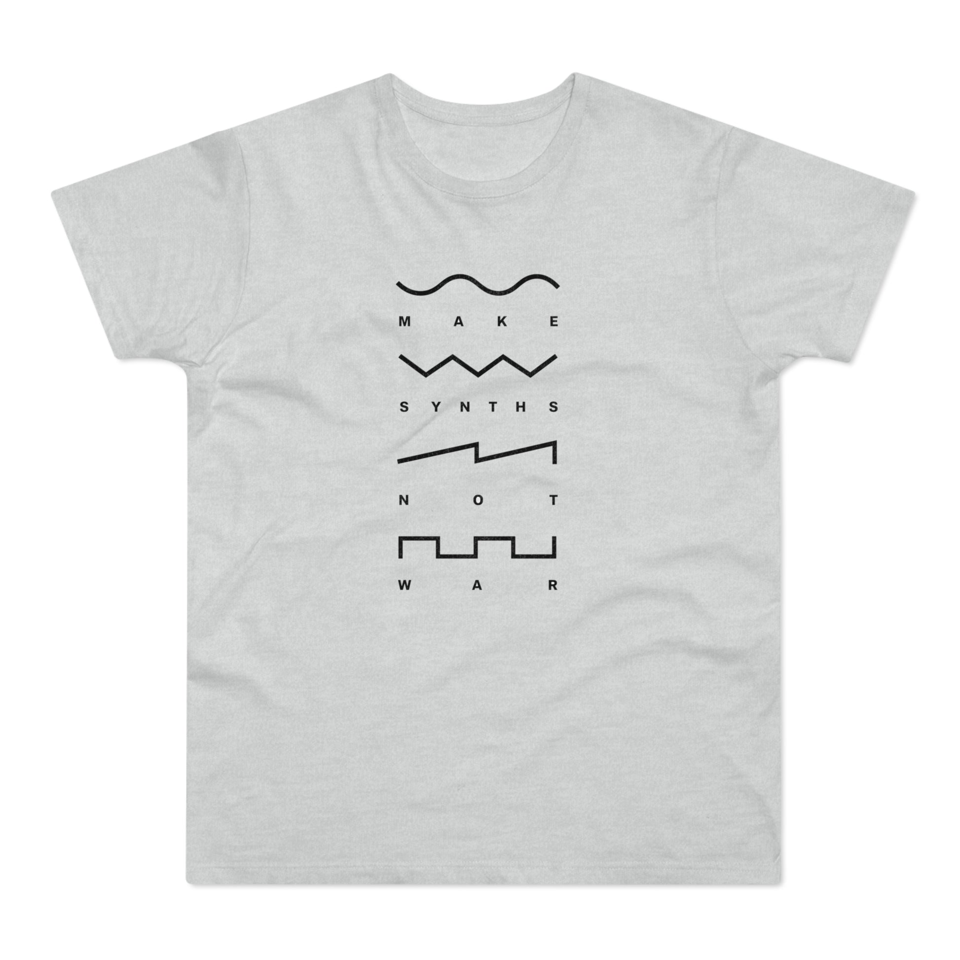 Light gray t-shirt with black text and waveforms reading "Make Synths Not War".