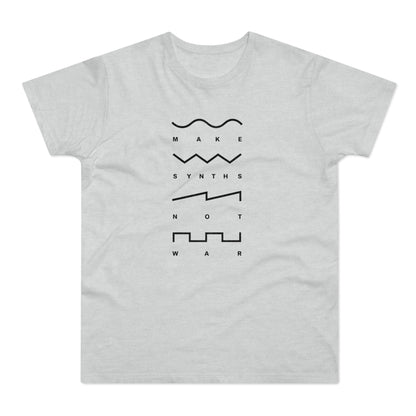 Light gray t-shirt with black text and waveforms reading "Make Synths Not War".