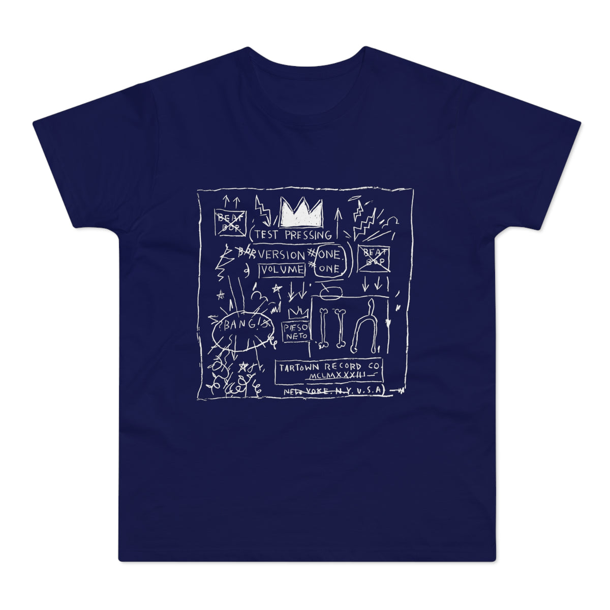 Navy t-shirt with white drawing of crown, text, and abstract shapes.