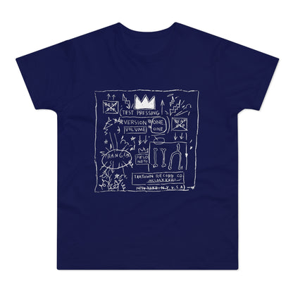 Navy t-shirt with white drawing of crown, text, and abstract shapes.