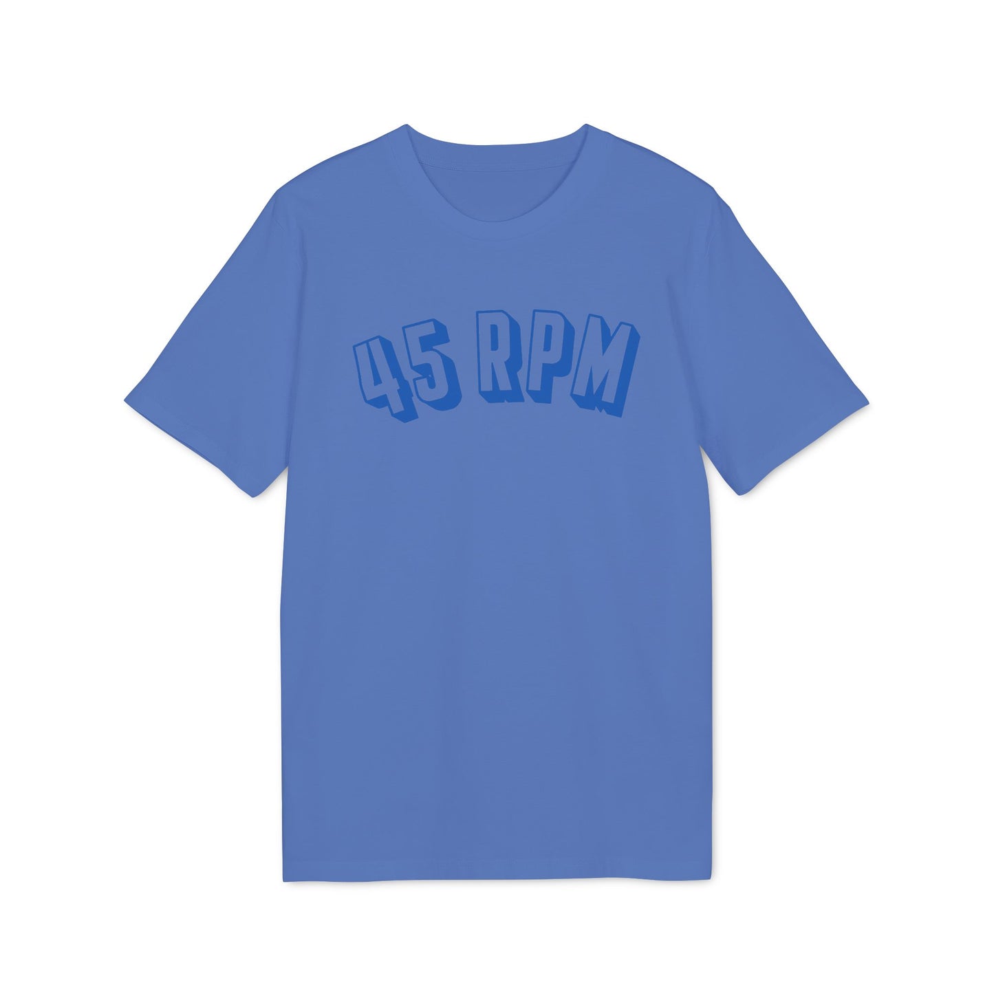 Blue t-shirt with "45 RPM" text graphic in a darker blue.