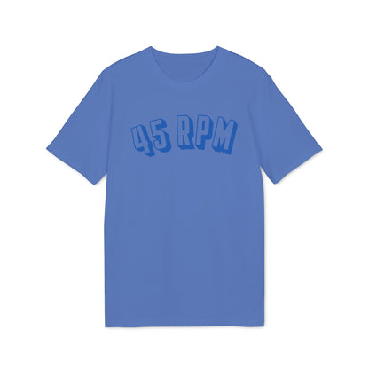 Blue t-shirt with "45 RPM" text graphic in a darker blue.