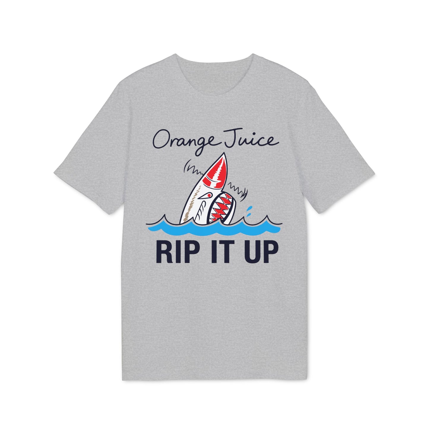Gray t-shirt with "Orange Juice Rip It Up" text and a shark illustration.