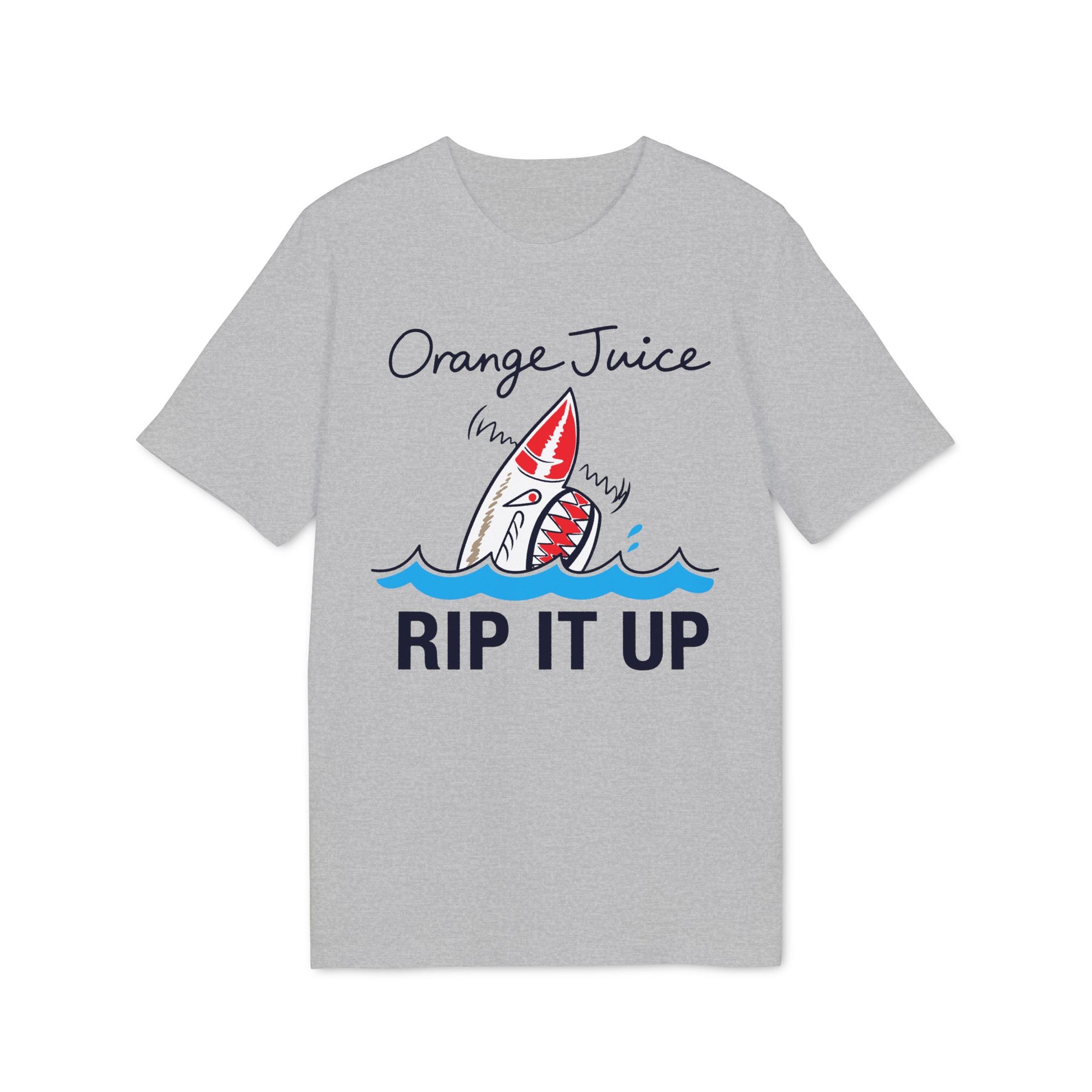 Gray t-shirt with "Orange Juice Rip It Up" text and a shark illustration.