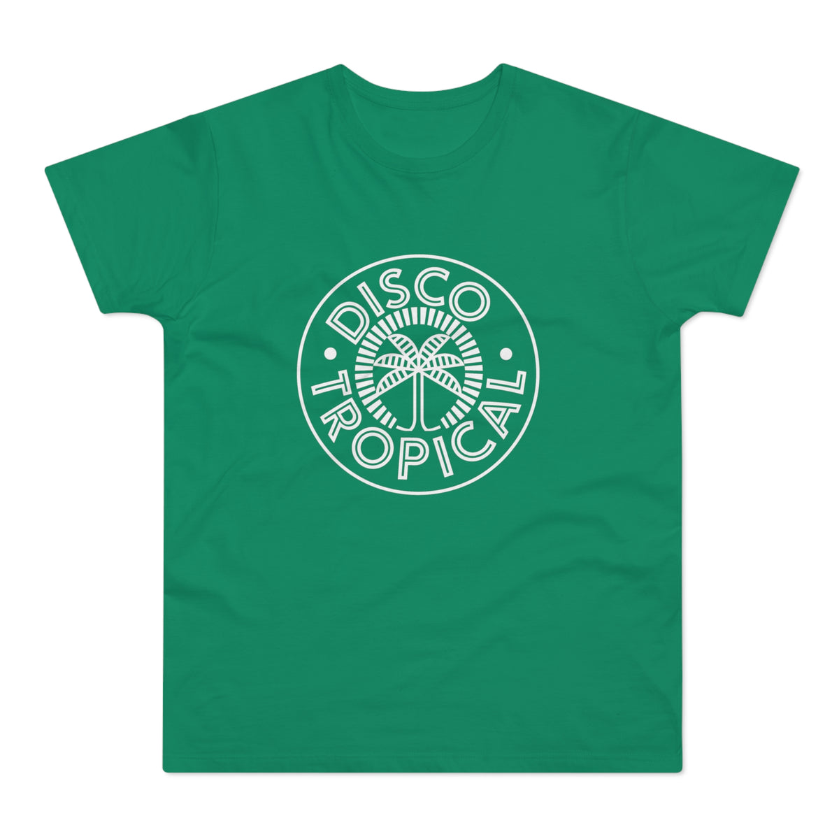 Green t-shirt with white circular "Disco Tropical" logo and palm tree design.