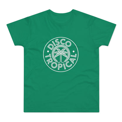 Green t-shirt with white circular "Disco Tropical" logo and palm tree design.